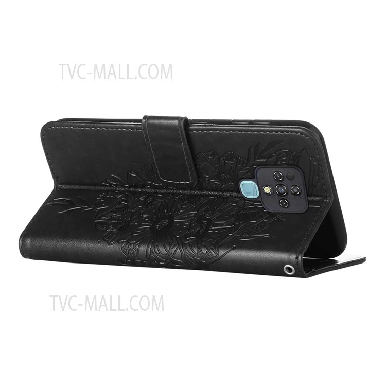 Collision Buffer Butterfly Flower Pattern Imprinted PU Leather Wallet Stand Flip Protective Case with Strap for Tecno Camon 16 - Black-5