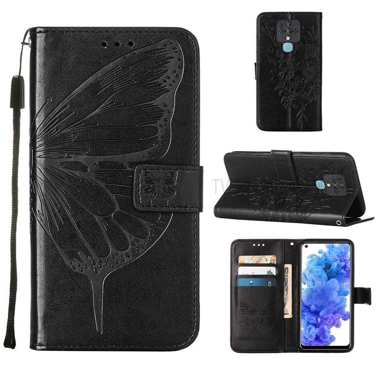 Collision Buffer Butterfly Flower Pattern Imprinted PU Leather Wallet Stand Flip Protective Case with Strap for Tecno Camon 16 - Black-7