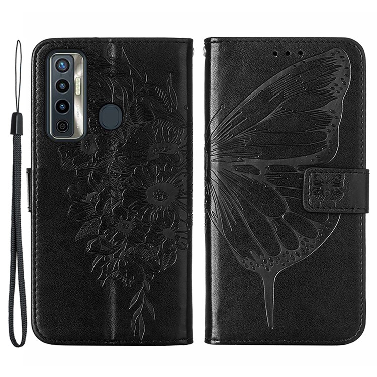 Butterfly Flower Pattern Imprinted Anti-collision PU Leather Wallet Stand Flip Protective Case with Strap for Tecno Camon 17 - Black-1
