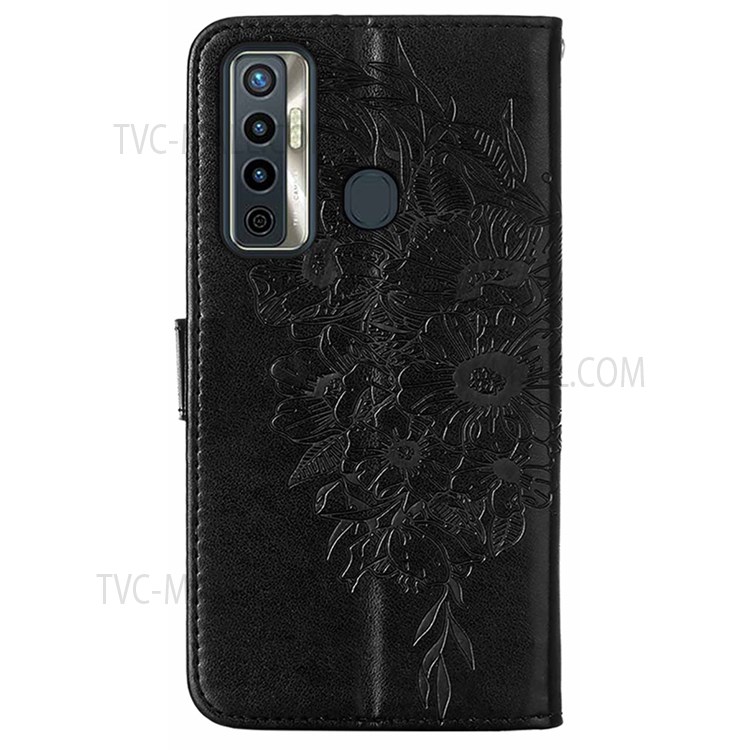 Butterfly Flower Pattern Imprinted Anti-collision PU Leather Wallet Stand Flip Protective Case with Strap for Tecno Camon 17 - Black-3