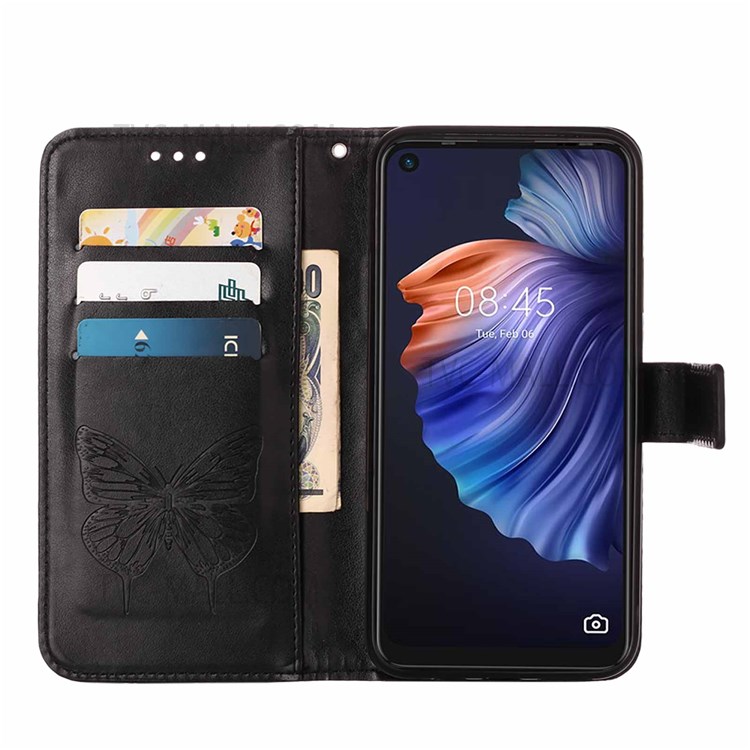 Butterfly Flower Pattern Imprinted Anti-collision PU Leather Wallet Stand Flip Protective Case with Strap for Tecno Camon 17 - Black-6