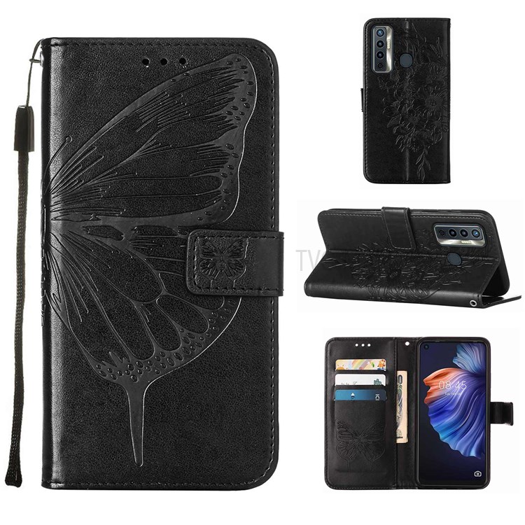 Butterfly Flower Pattern Imprinted Anti-collision PU Leather Wallet Stand Flip Protective Case with Strap for Tecno Camon 17 - Black-7