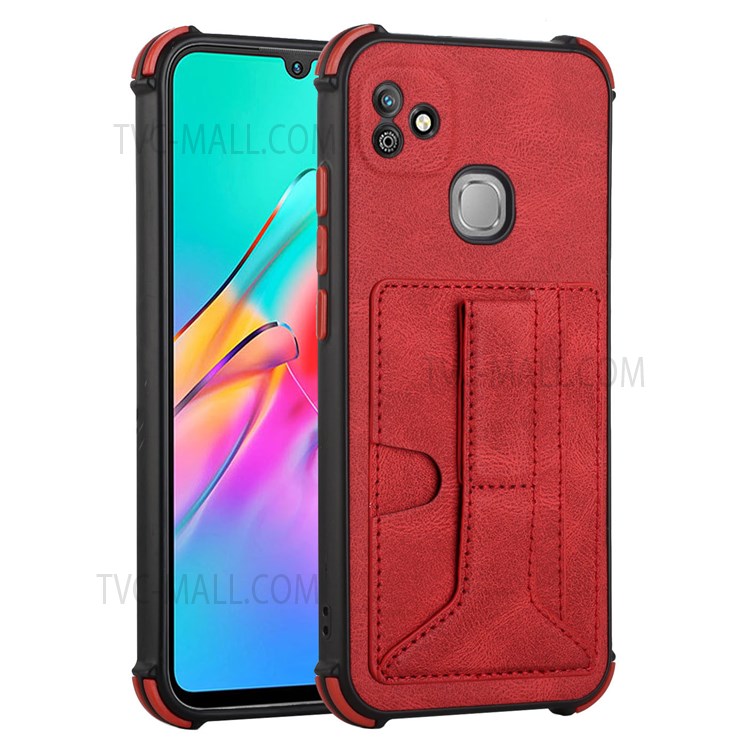 Shockproof Four Corner Cushion Card Slot Design PU Leather and TPU Cover with Kickstand for Infinix Smart HD 2021/X612 - Red-1