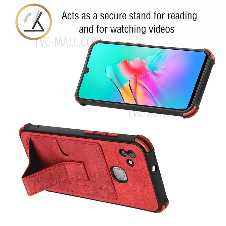 Shockproof Four Corner Cushion Card Slot Design PU Leather and TPU Cover with Kickstand for Infinix Smart HD 2021/X612 - Red-2
