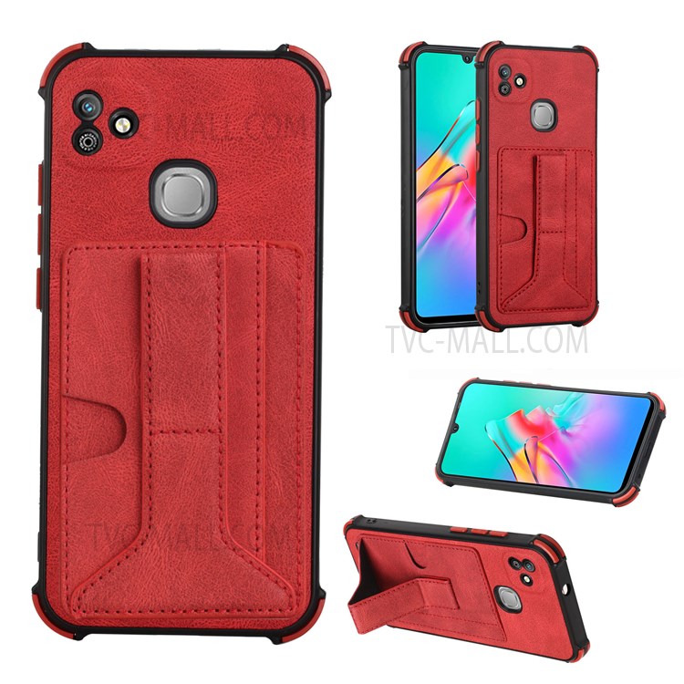 Shockproof Four Corner Cushion Card Slot Design PU Leather and TPU Cover with Kickstand for Infinix Smart HD 2021/X612 - Red-4
