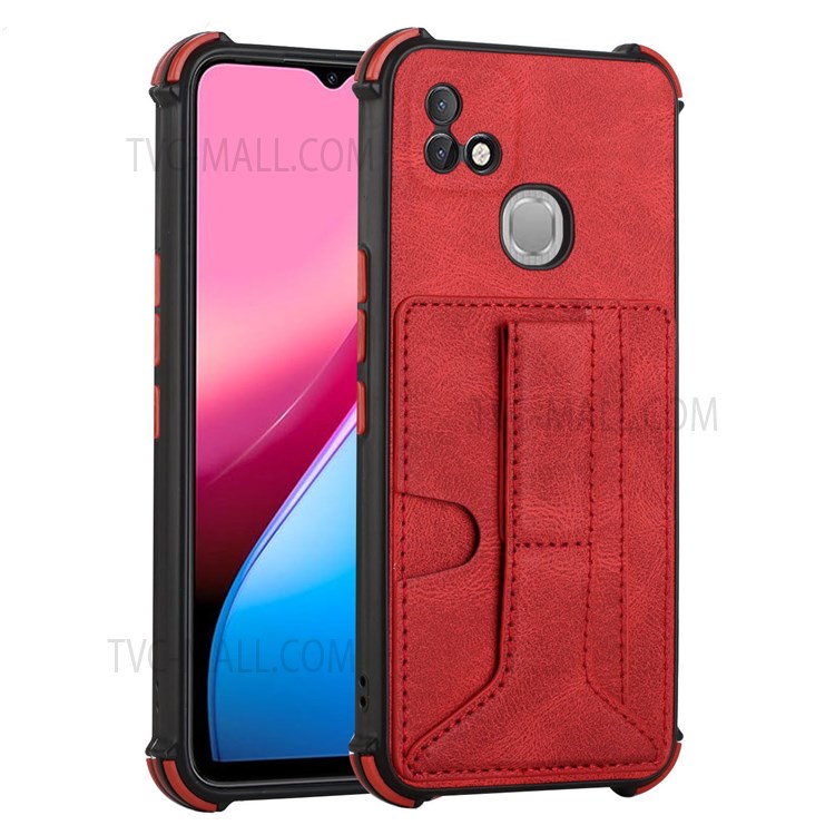 PU Leather Coated TPU Phone Case Drop-proof Four Corner Cushion Support Wireless Charging Card Slot Design Phone Cover with Kickstand for Infinix Hot 10i - Red-1