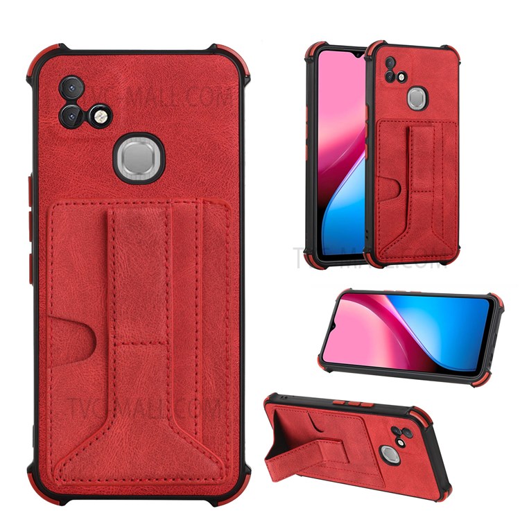 PU Leather Coated TPU Phone Case Drop-proof Four Corner Cushion Support Wireless Charging Card Slot Design Phone Cover with Kickstand for Infinix Hot 10i - Red-4