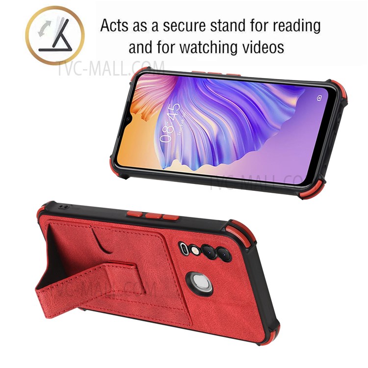 Practical Kickstand Drop-proof Four Corner Cushion Support Wireless Charging Card Slot Design PU Leather and TPU Cover for Tecno Spark 8 - Red-2