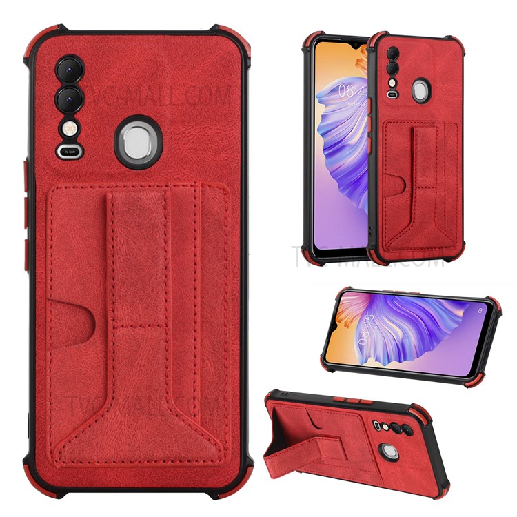 Practical Kickstand Drop-proof Four Corner Cushion Support Wireless Charging Card Slot Design PU Leather and TPU Cover for Tecno Spark 8 - Red-4