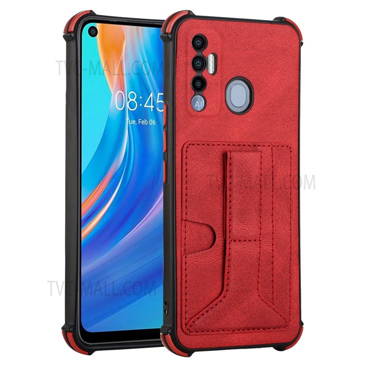 PU Leather Coated TPU Phone Case Drop-proof Four Corner Cushion Support Wireless Charging Card Slot Design Phone Cover with Kickstand for Tecno Spark 7 Pro - Red-1
