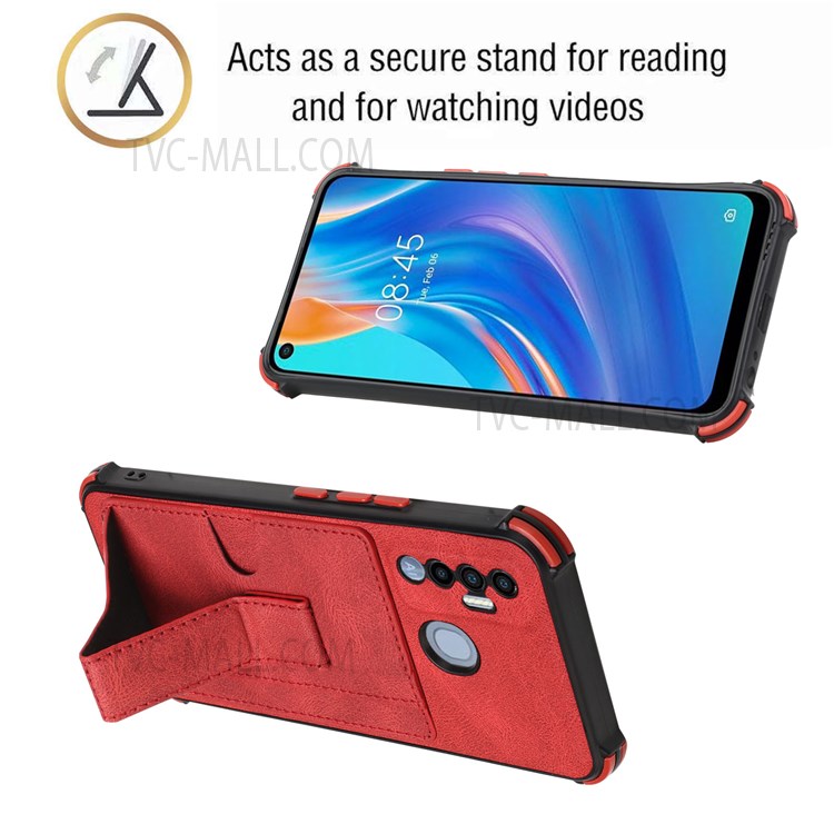 PU Leather Coated TPU Phone Case Drop-proof Four Corner Cushion Support Wireless Charging Card Slot Design Phone Cover with Kickstand for Tecno Spark 7 Pro - Red-2