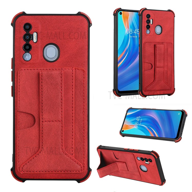 PU Leather Coated TPU Phone Case Drop-proof Four Corner Cushion Support Wireless Charging Card Slot Design Phone Cover with Kickstand for Tecno Spark 7 Pro - Red-4