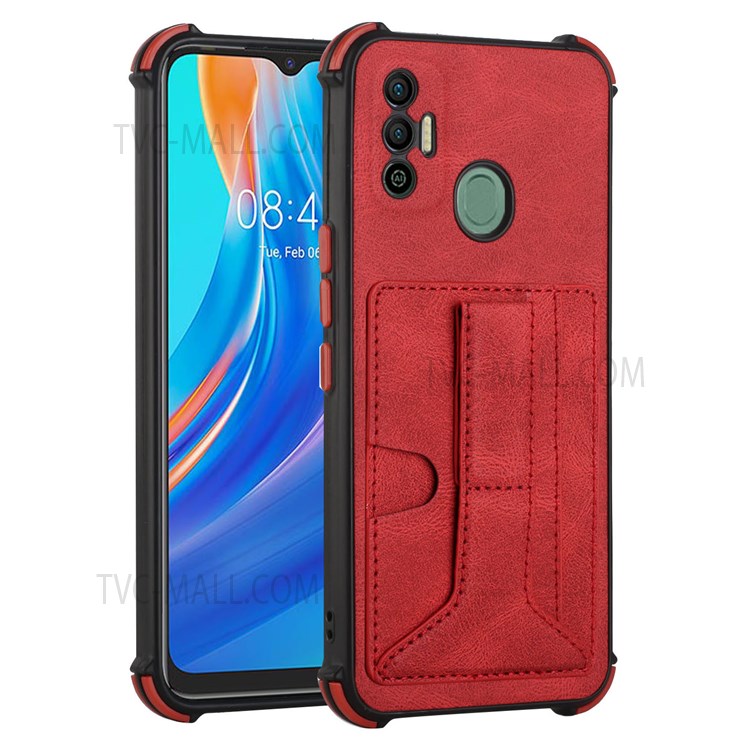Drop-proof Four Corner Cushion Support Wireless Charging Card Slot Design PU Leather Coated TPU Cover with Kickstand for Tecno Spark 7/7T - Red-1