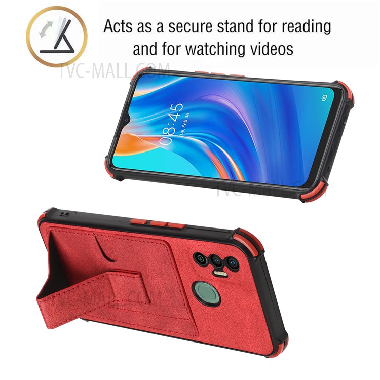 Drop-proof Four Corner Cushion Support Wireless Charging Card Slot Design PU Leather Coated TPU Cover with Kickstand for Tecno Spark 7/7T - Red-2
