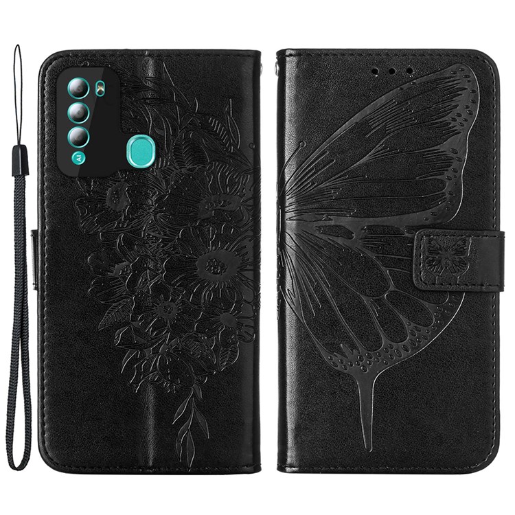 Imprinting Big Butterfly Flower Pattern PU Leather Stand Wallet Case Phone Cover with Hand Strap for Itel S16 Pro - Black-1
