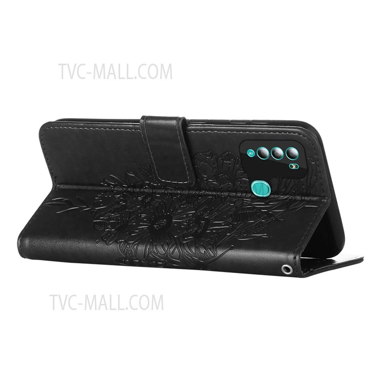 Imprinting Big Butterfly Flower Pattern PU Leather Stand Wallet Case Phone Cover with Hand Strap for Itel S16 Pro - Black-6