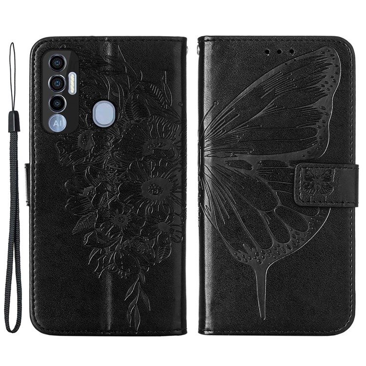 For Tecno Spark 7 Pro Wallet Design TPU Back Case Imprinting Big Butterfly Flower Pattern PU Leather Surface Stand Phone Cover with Hand Strap - Black-1