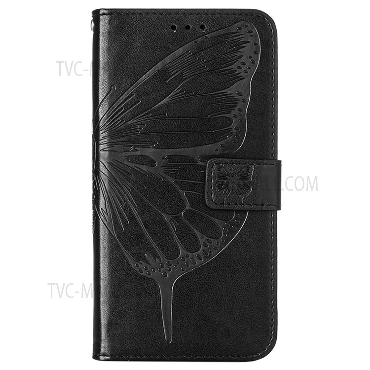For Tecno Spark 7 Pro Wallet Design TPU Back Case Imprinting Big Butterfly Flower Pattern PU Leather Surface Stand Phone Cover with Hand Strap - Black-2