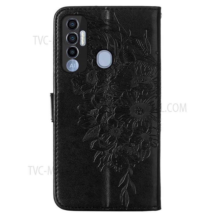 For Tecno Spark 7 Pro Wallet Design TPU Back Case Imprinting Big Butterfly Flower Pattern PU Leather Surface Stand Phone Cover with Hand Strap - Black-3