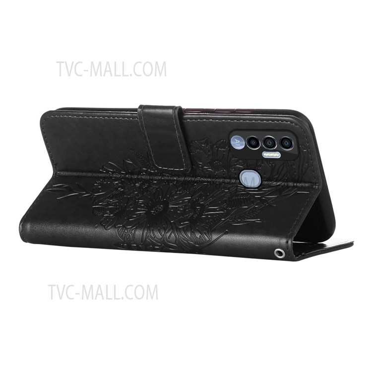 For Tecno Spark 7 Pro Wallet Design TPU Back Case Imprinting Big Butterfly Flower Pattern PU Leather Surface Stand Phone Cover with Hand Strap - Black-5