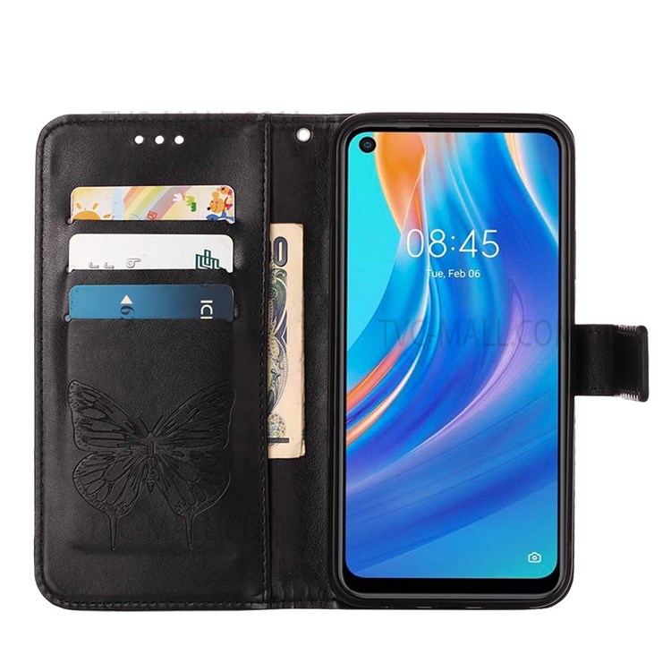 For Tecno Spark 7 Pro Wallet Design TPU Back Case Imprinting Big Butterfly Flower Pattern PU Leather Surface Stand Phone Cover with Hand Strap - Black-6