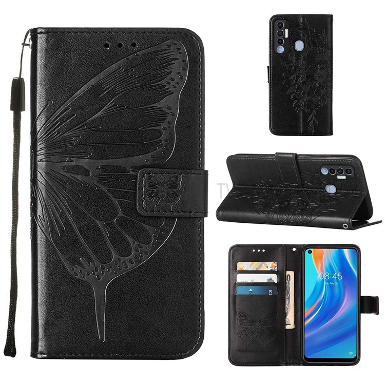 For Tecno Spark 7 Pro Wallet Design TPU Back Case Imprinting Big Butterfly Flower Pattern PU Leather Surface Stand Phone Cover with Hand Strap - Black-7