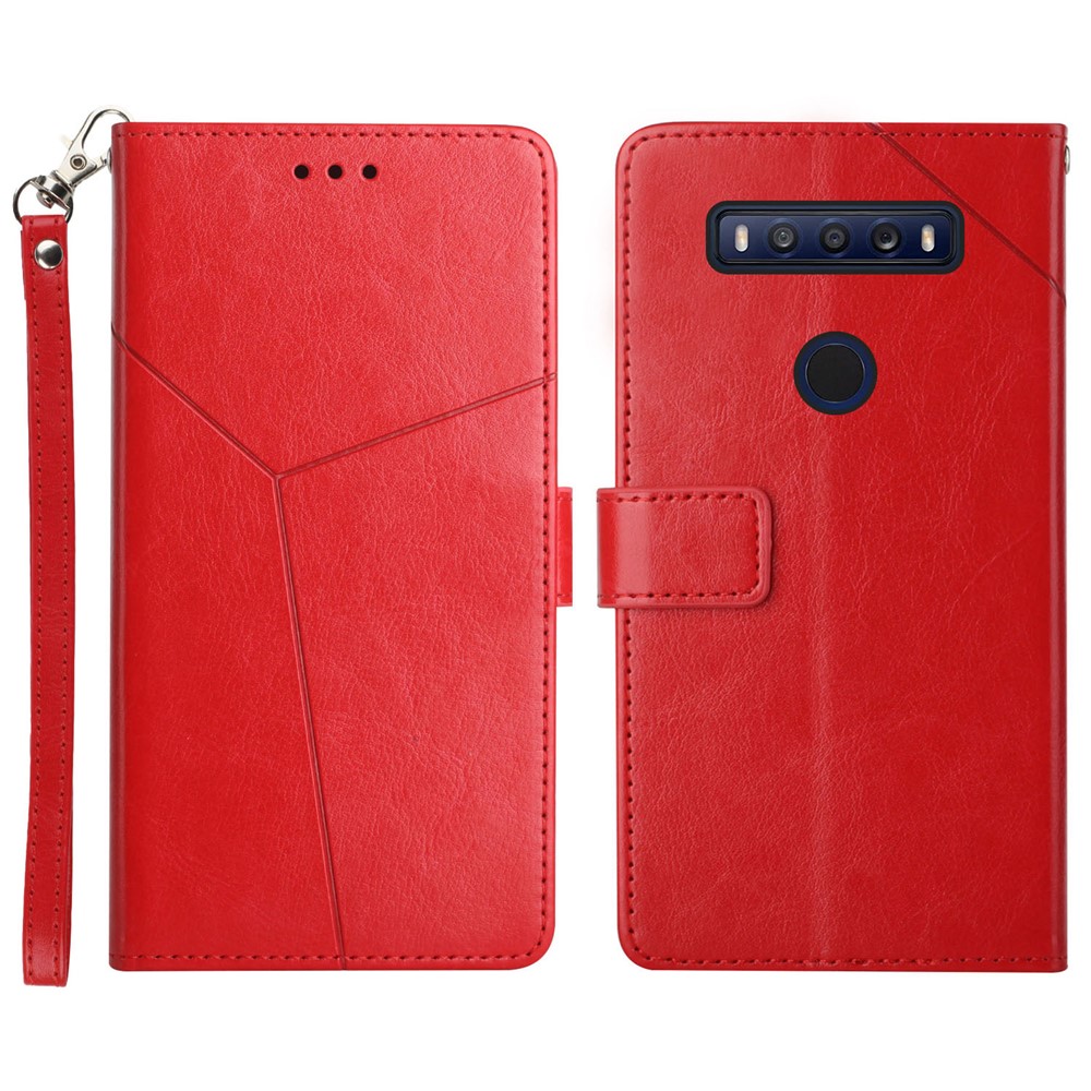 For TCL 10 SE PU Leather Wallet Stand Design Cover Y-shaped Lines Imprinted Drop-proof Well-protected Phone Case with Strap - Red-1