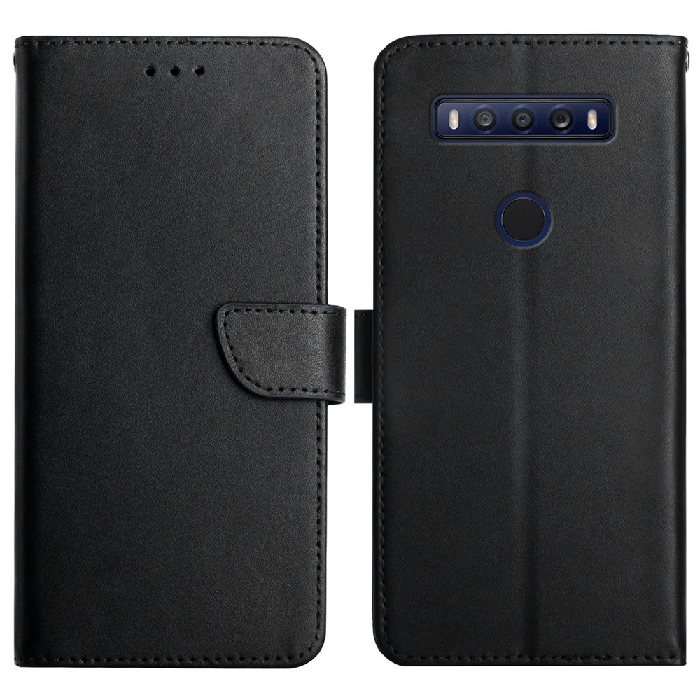 Anti-fall Genuine Leather Nappa Texture Flip Phone Covering Phone Case Magnetic Closure Stand Wallet for TCL 10 SE - Black-1