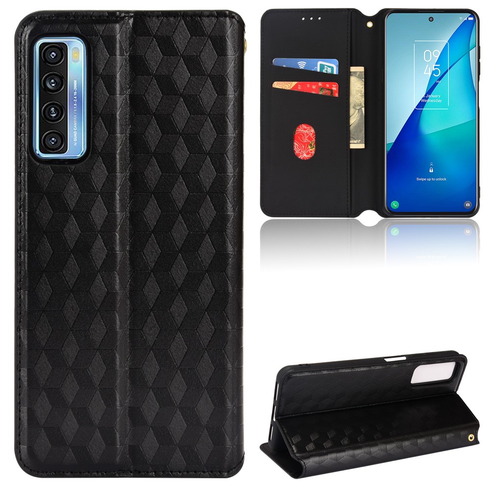 Imprinting 3D Rhombus Pattern PU Leather + TPU Full Protection Wallet Phone Cover with Stand for TCL 20S/TCL 20 5G/TCL 20L/TCL 20L+ - Black-8