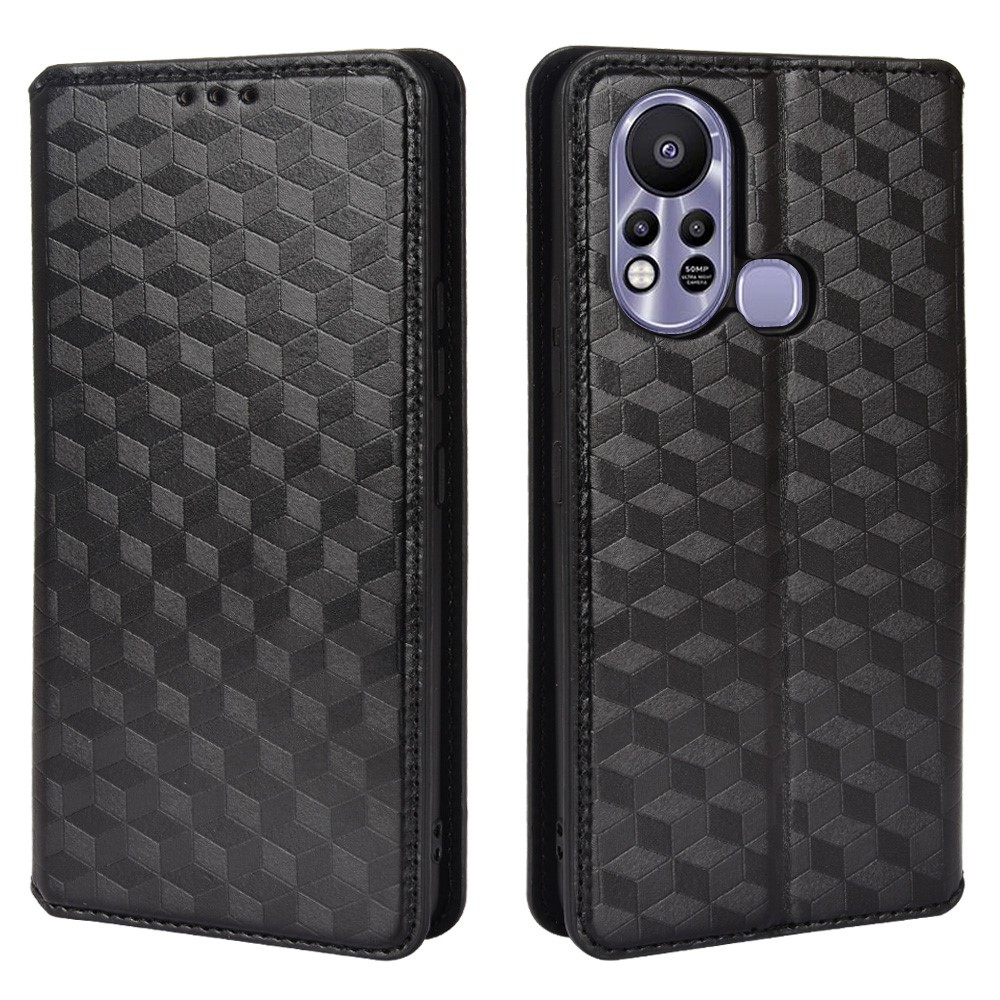 For Infinix Hot 11S X6812 Rhombus Imprinted Magnetic Closure Folio Flip Leather Phone Case with Stand Wallet - Black-1