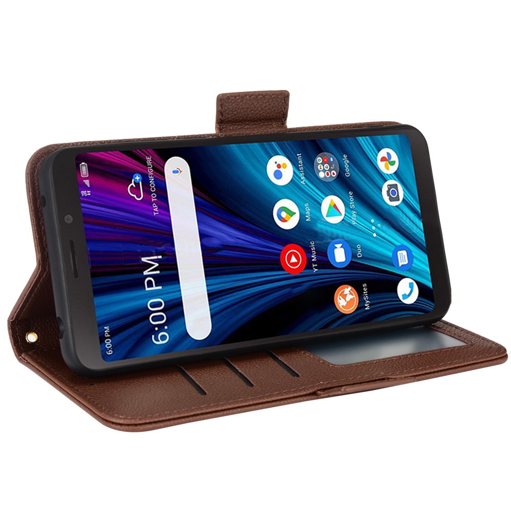 Litchi Texture Leather Phone Case for TCL A3X, Stand Wallet Magnetic Clasp Protective Cover - Brown-5