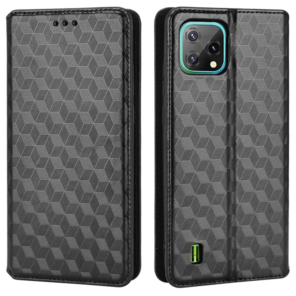 For Blackview A55 PU Leather Imprinted Rhombus Flip Wallet Cover Magnetic Absorption Stand Full Body Protection Phone Case - Black-1