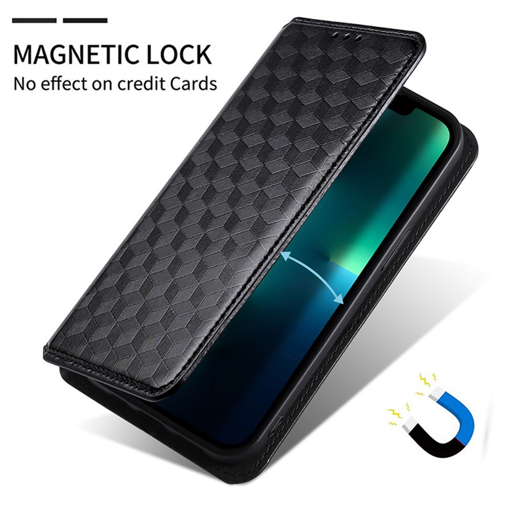 For Blackview A70 Magnetic Absorption Rhombus Imprinted PU Leather Case Folding Stand Wallet Flip Cover TPU Inner Shell - Black-8