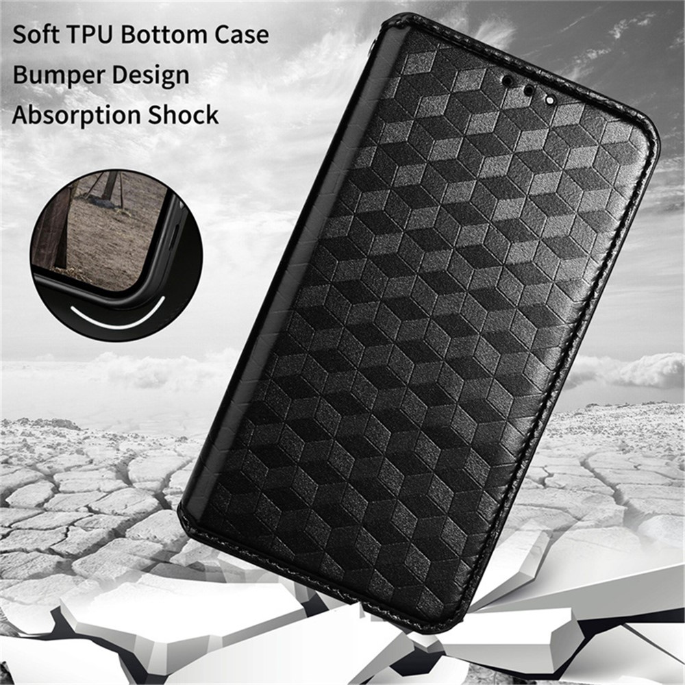 For Blackview A70 Magnetic Absorption Rhombus Imprinted PU Leather Case Folding Stand Wallet Flip Cover TPU Inner Shell - Black-9