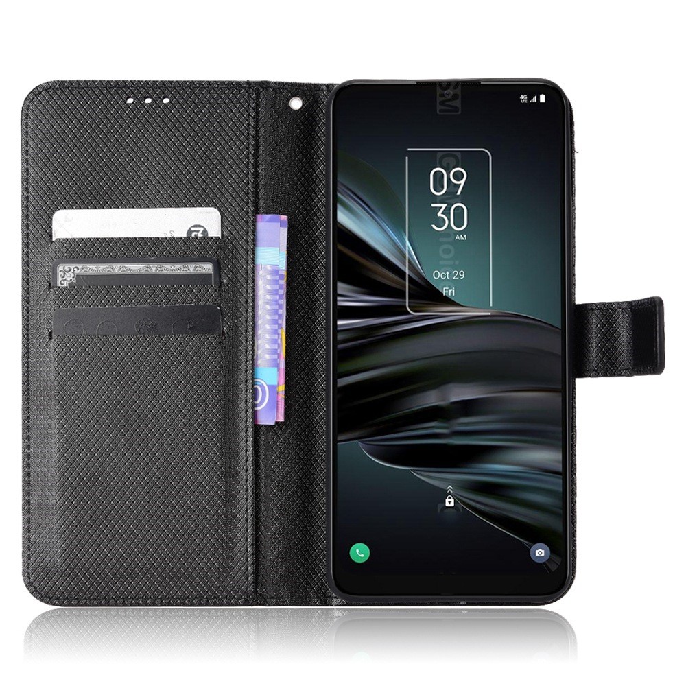 For TCL 20 XE Anti-collision Diamond Texture Stand PU Leather Protective Phone Case with Wallet - Black-2