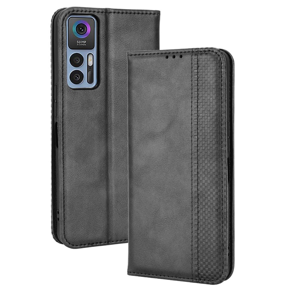 For TCL 30/TCL 30 5G/TCL 30+ Retro Texture PU Leather Wallet Foldable Stand Cover Mosaic Imprinted Auto Closing Magnetic Phone Case - Black-1