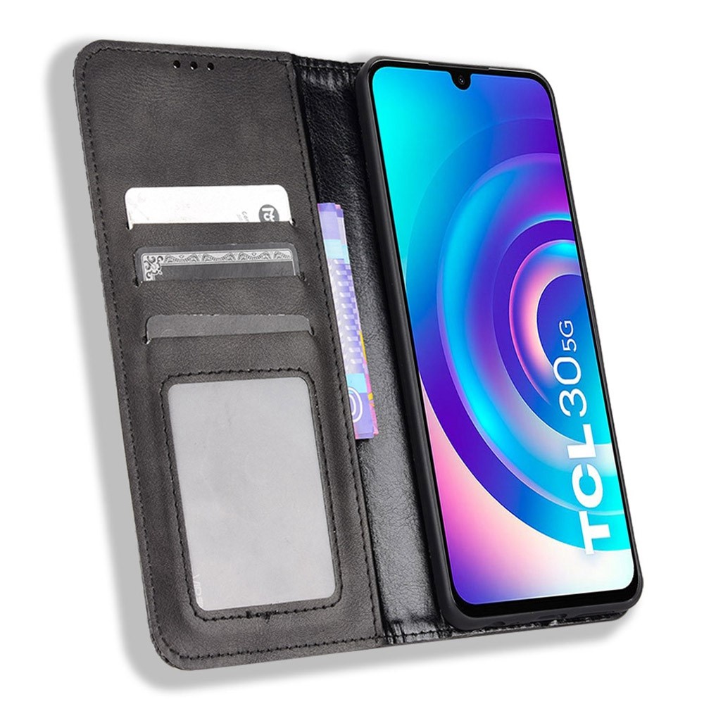 For TCL 30/TCL 30 5G/TCL 30+ Retro Texture PU Leather Wallet Foldable Stand Cover Mosaic Imprinted Auto Closing Magnetic Phone Case - Black-2