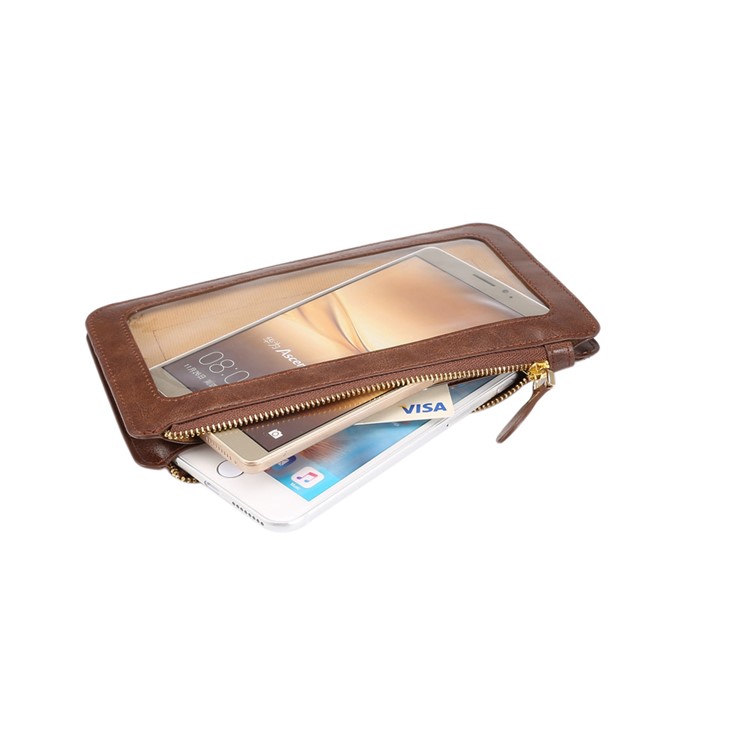 Touch Screen View Window Leather Crossbody Wallet Purse Universal Phone Pouch Bag, Size: 20 x 11.5cm - Brown-5