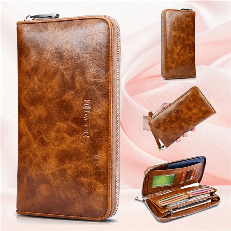 ICARER Universal Oil Wax Genuine Leather Wallet Case for iPhone 7 Plus /Huawei Mate 9 Etc - Brown-1