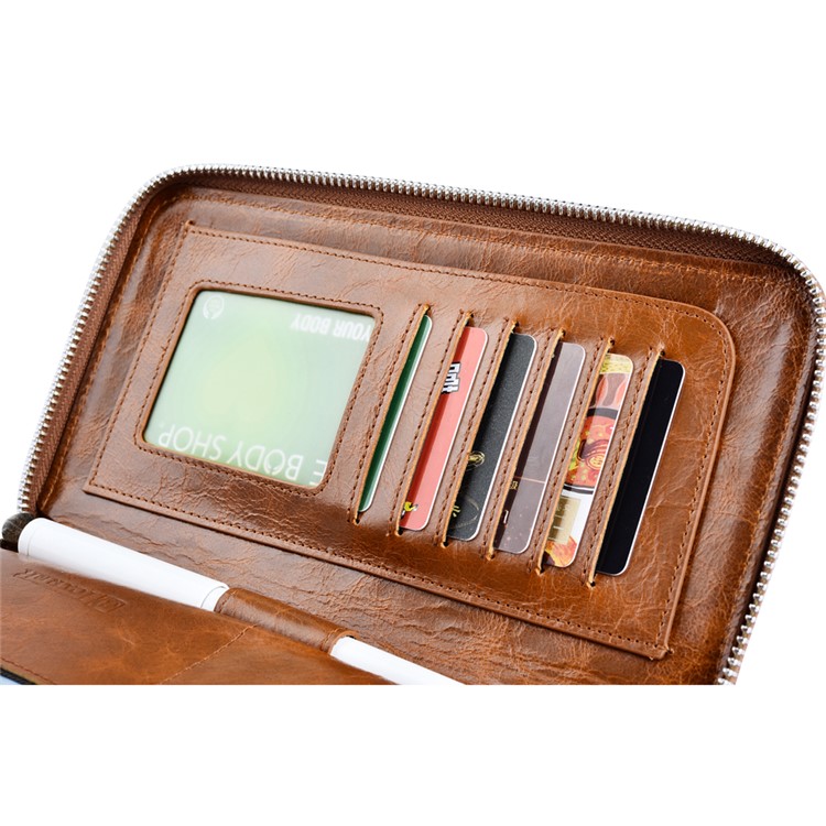 ICARER Universal Oil Wax Genuine Leather Wallet Case for iPhone 7 Plus /Huawei Mate 9 Etc - Brown-13