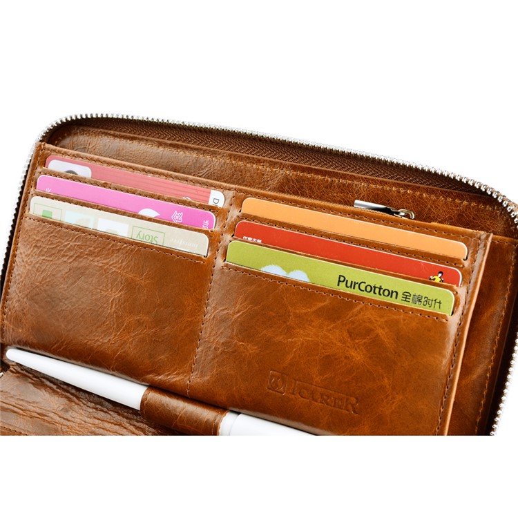 ICARER Universal Oil Wax Genuine Leather Wallet Case for iPhone 7 Plus /Huawei Mate 9 Etc - Brown-14