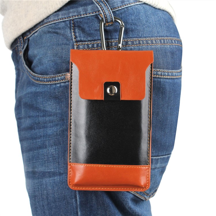 Bi-color Leather Pouch with Carabiner for iPhone 7 Plus, Phones under 5.5 inch - Black / Orange-4