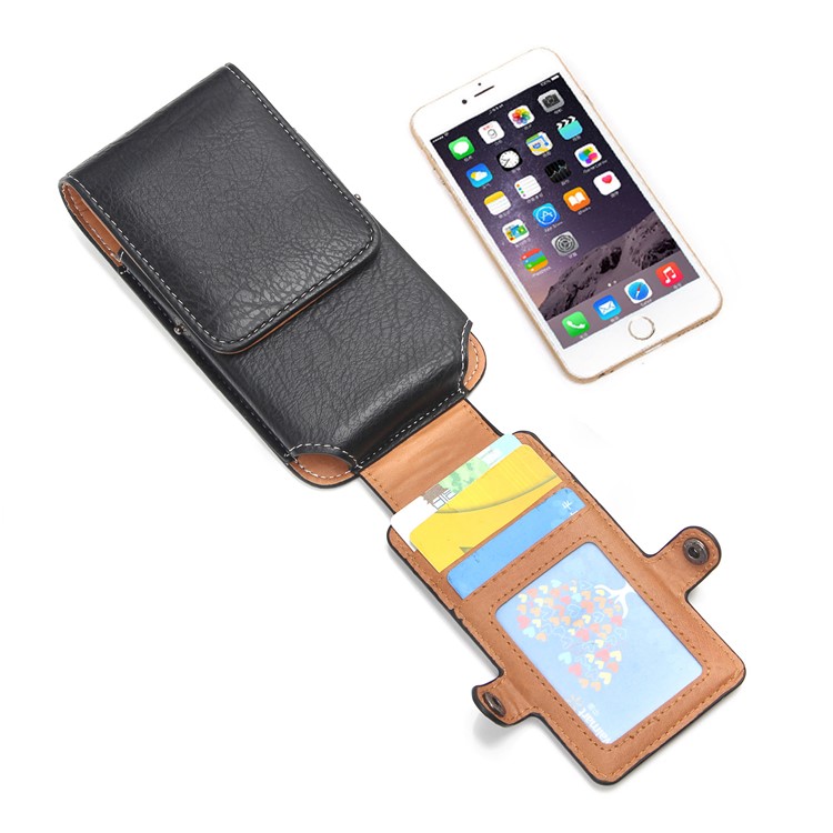 Size 140 x 73 x 10mm Card Slots Vertical Flip Leather Holster Case with Belt Loop for iPhone 7 6s 6 Etc - Black-5