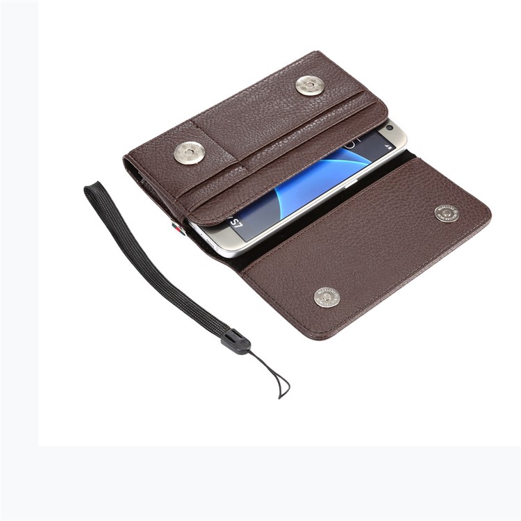 Litchi Leather Wallet Belt Clip Case with Hand Strap for iPhone X/8 Samsung S9 S8 S7/Huawei P9 Etc - Brown-4