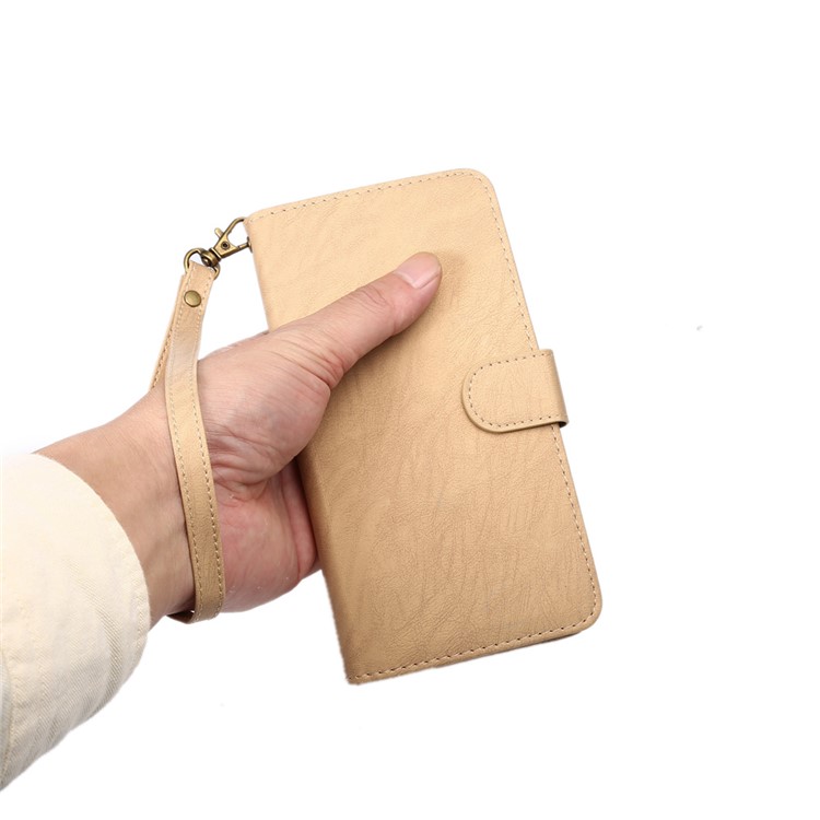 Texture Leather Wallet Universal Phone Case with Strap for Samsung S9 S8, Outer Size: 15.7x8x1.8cm - Apricot-7