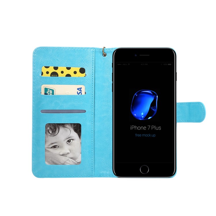 Texture Leather Wallet Universal Mobile Cover with Strap for Samsung S9 S8, Outer Size: 15.7x8x1.8cm - Blue-3