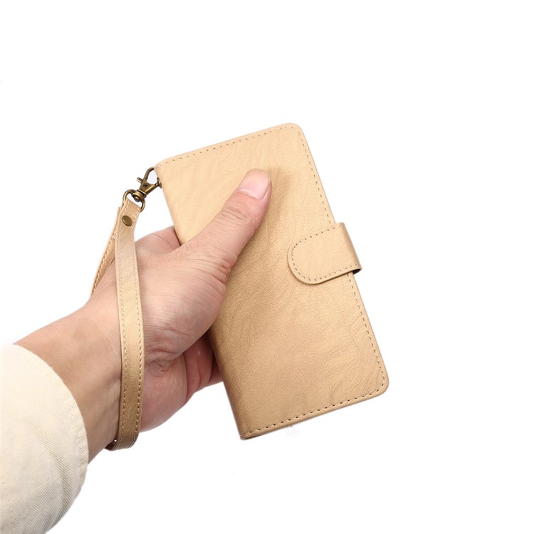 A4 Universal Leather Wallet Mobile Phone Case for iPhone 8 7 / Samsung Galaxy S4 with Lanyard - Apricot-7
