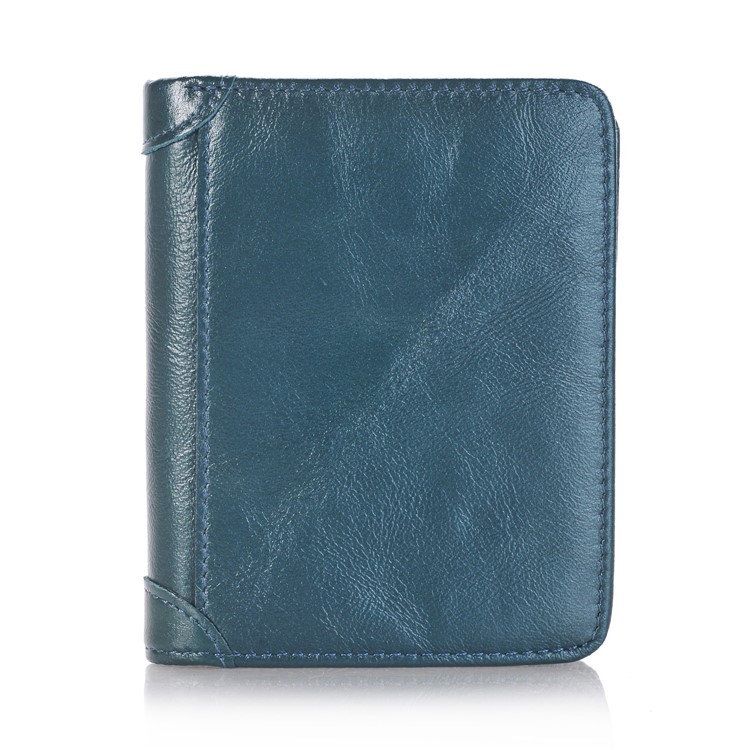 Crazy Horse Grain Genuine Leather Short Purse Bi-fold Wallet Money Clip - Blue-1