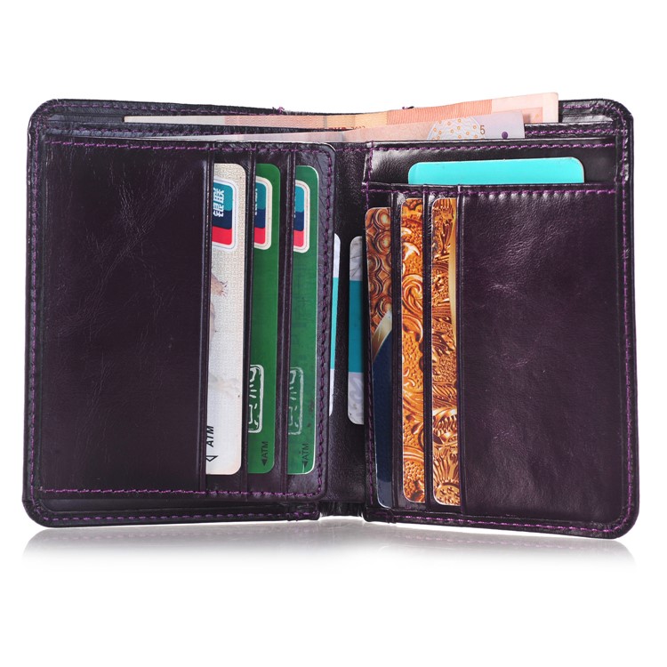 Men's Bi-fold Money Clip Genuine Leather Short Wallet Purse - Purple-3