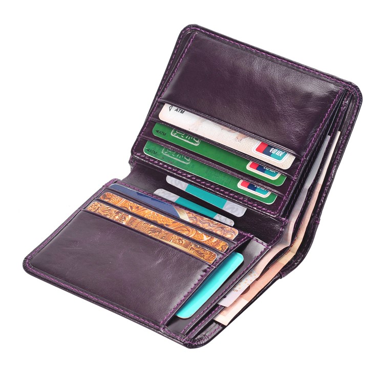 Men's Bi-fold Money Clip Genuine Leather Short Wallet Purse - Purple-4